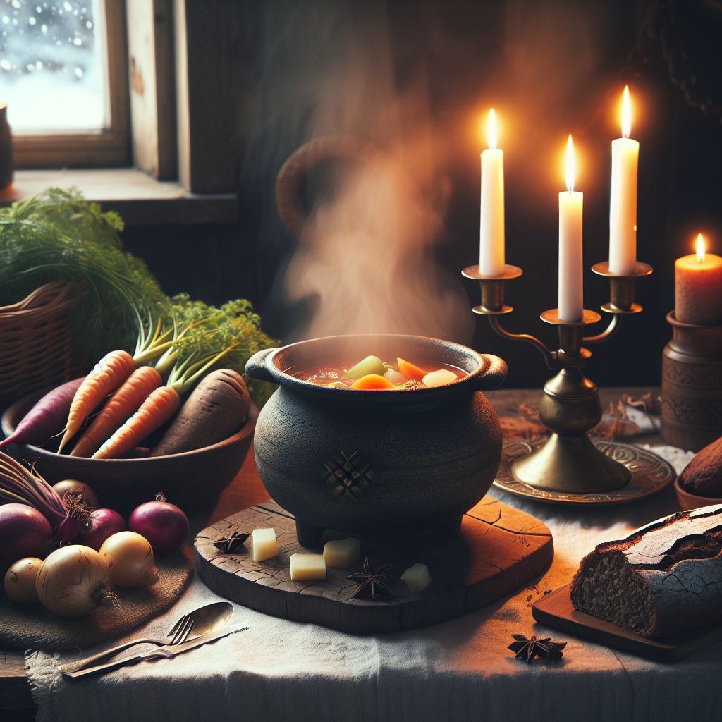 Koselig nordisk kjøkkenbord om vinteren med dampende suppe i gryte, rotgrønnsaker, rugbrød og levende lys, naturlig varme farger, hjemlig atmosfære