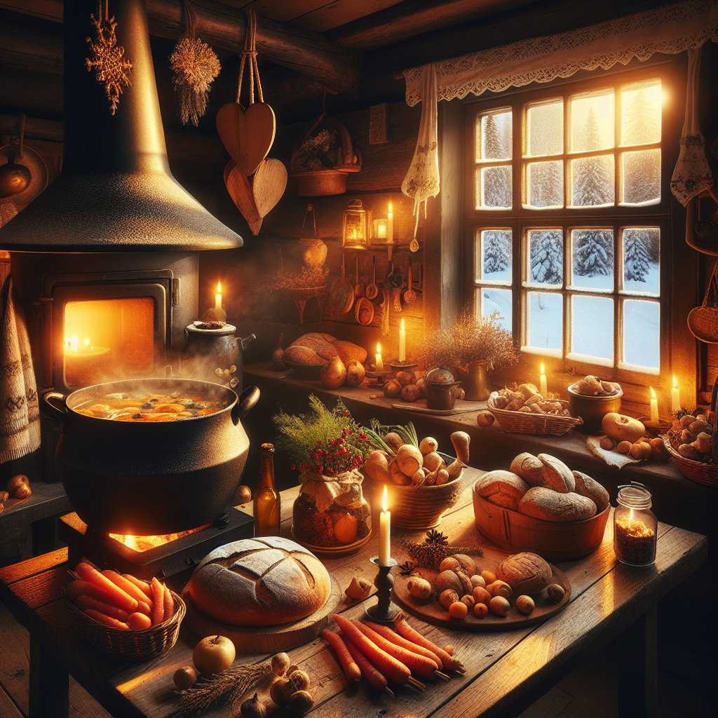 Cosy Norwegian winter kitchen with steaming pot on stove, rustic breads, root vegetables, candlelit table and snowy window view, warm tones