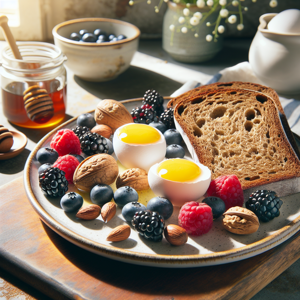 Lys og innbydende frokosttallerken med norsk rugbrød, egg, bær, nøtter og en liten krukke med honning, naturlig dagslys, rustikk kjøkkenbakgrunn