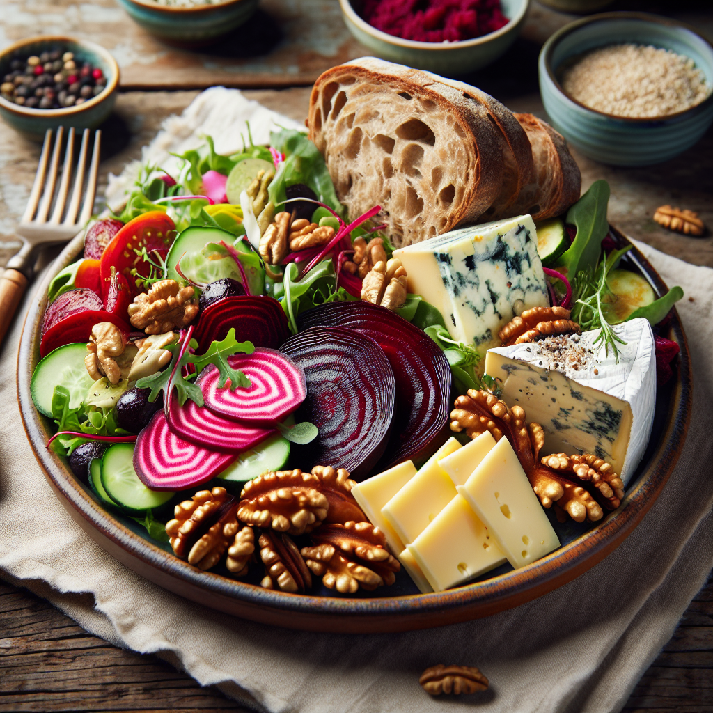 Nærbilde av en fargerik norsk lunsjtallerken med grovt brød, pålegg, ovnsbakte rødbeter, frisk salat og lokalt ost på et rustikt trebord