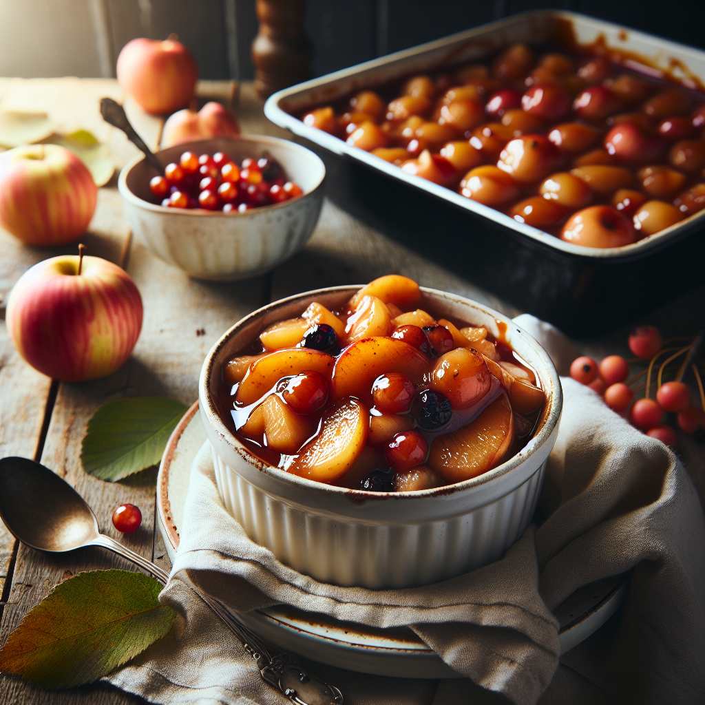 Rustikk nordisk dessert: karamelliserte epler og tyttebær i hvit bolle på trebord, mykt naturlig lys, nordisk stil, varm og hjemmekoselig atmosfære