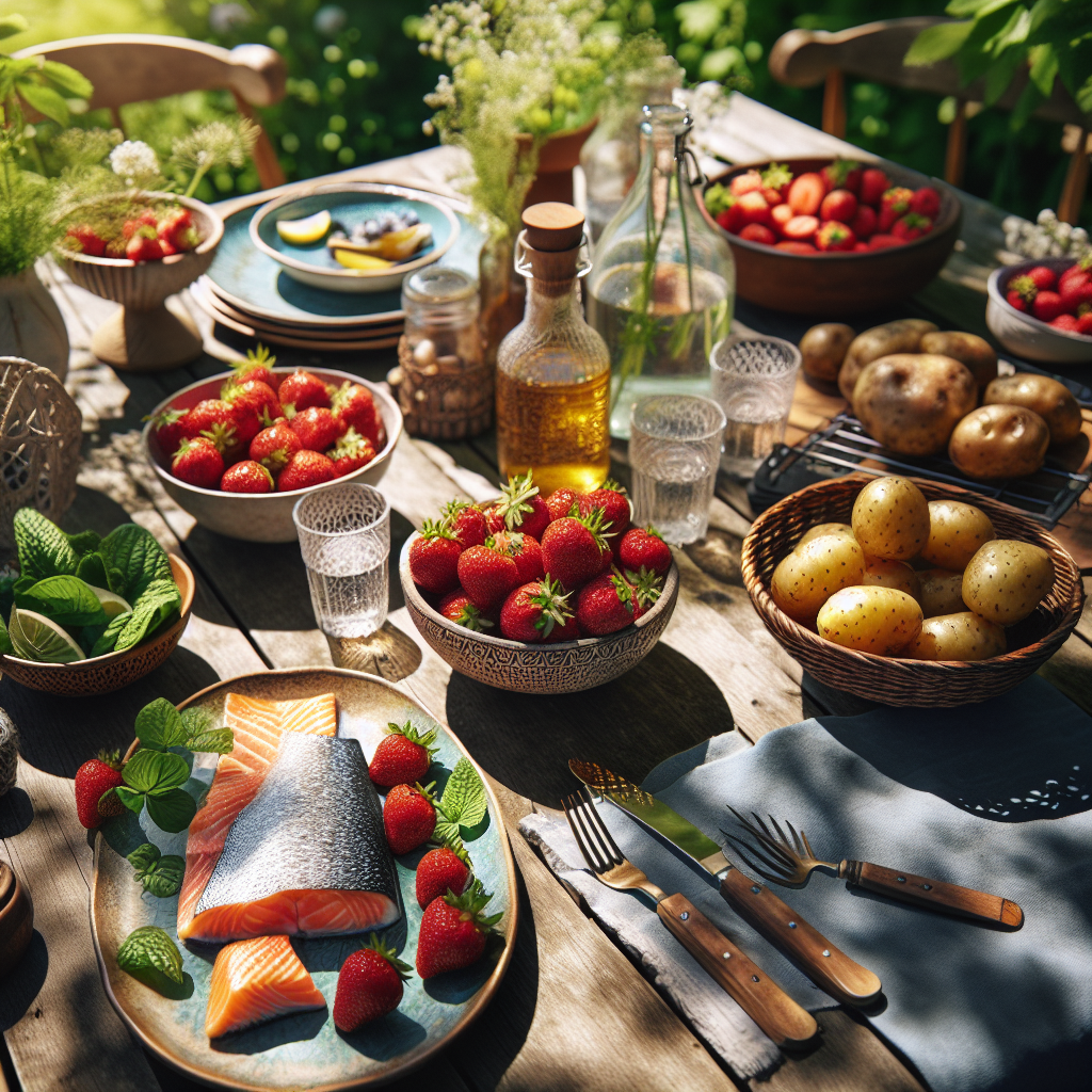 Solfylt norsk sommerbord med friske jordbær, grillet laks, nye poteter og urter på et tredekket utebord, naturlig lys, nordisk stil